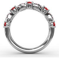 Floral Motif Band with Round Rubies and Marquise Diamond Clusters by Fana - 1.04 Carat Total Gemstone Weight