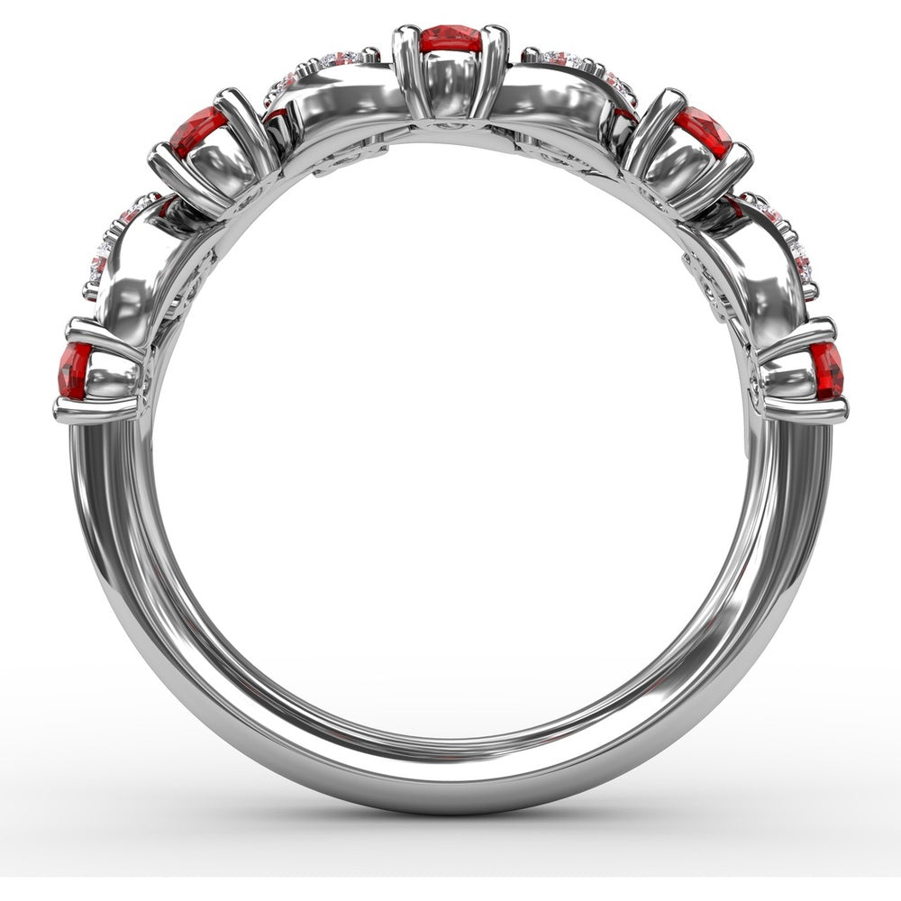 Floral Motif Band with Round Rubies and Marquise Diamond Clusters by Fana - 1.04 Carat Total Gemstone Weight