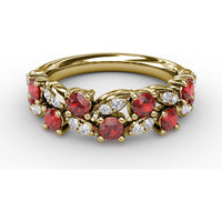 Floral Motif Band with Round Rubies and Marquise Diamond Clusters by Fana - 1.04 Carat Total Gemstone Weight