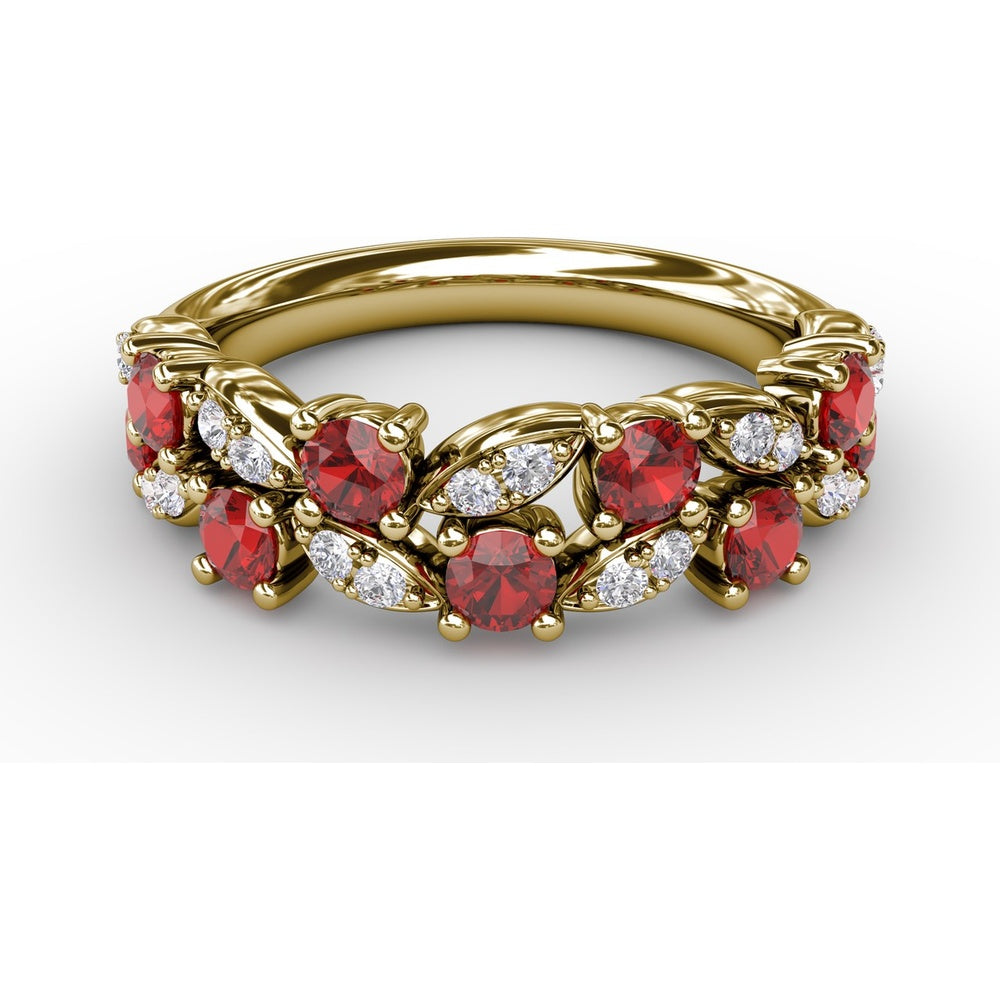 Floral Motif Band with Round Rubies and Marquise Diamond Clusters by Fana - 1.04 Carat Total Gemstone Weight