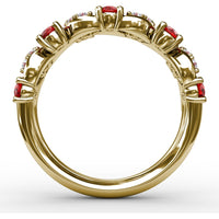 Floral Motif Band with Round Rubies and Marquise Diamond Clusters by Fana - 1.04 Carat Total Gemstone Weight
