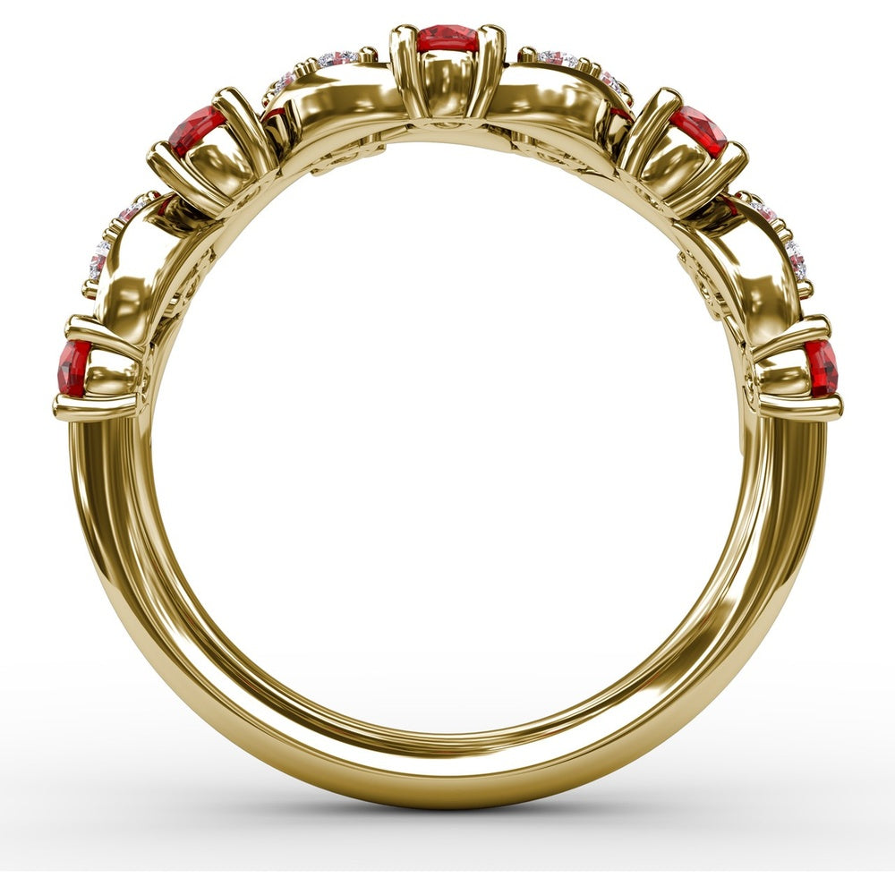 Floral Motif Band with Round Rubies and Marquise Diamond Clusters by Fana - 1.04 Carat Total Gemstone Weight