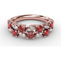 Floral Motif Band with Round Rubies and Marquise Diamond Clusters by Fana - 1.04 Carat Total Gemstone Weight