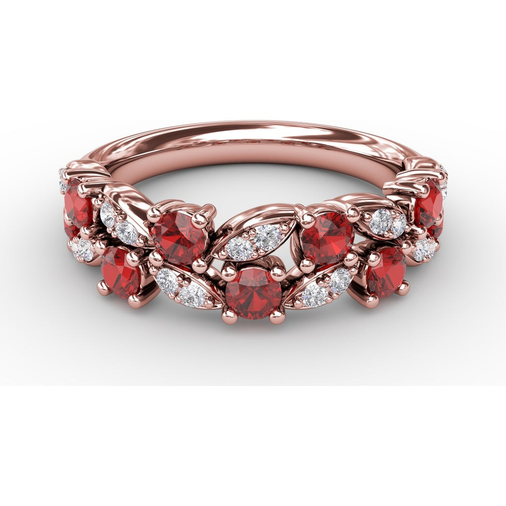 Floral Motif Band with Round Rubies and Marquise Diamond Clusters by Fana - 1.04 Carat Total Gemstone Weight