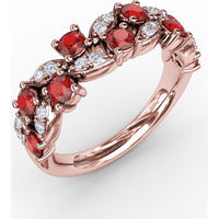Floral Motif Band with Round Rubies and Marquise Diamond Clusters by Fana - 1.04 Carat Total Gemstone Weight