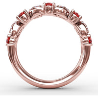 Floral Motif Band with Round Rubies and Marquise Diamond Clusters by Fana - 1.04 Carat Total Gemstone Weight