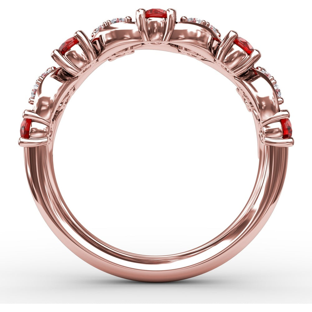 Floral Motif Band with Round Rubies and Marquise Diamond Clusters by Fana - 1.04 Carat Total Gemstone Weight