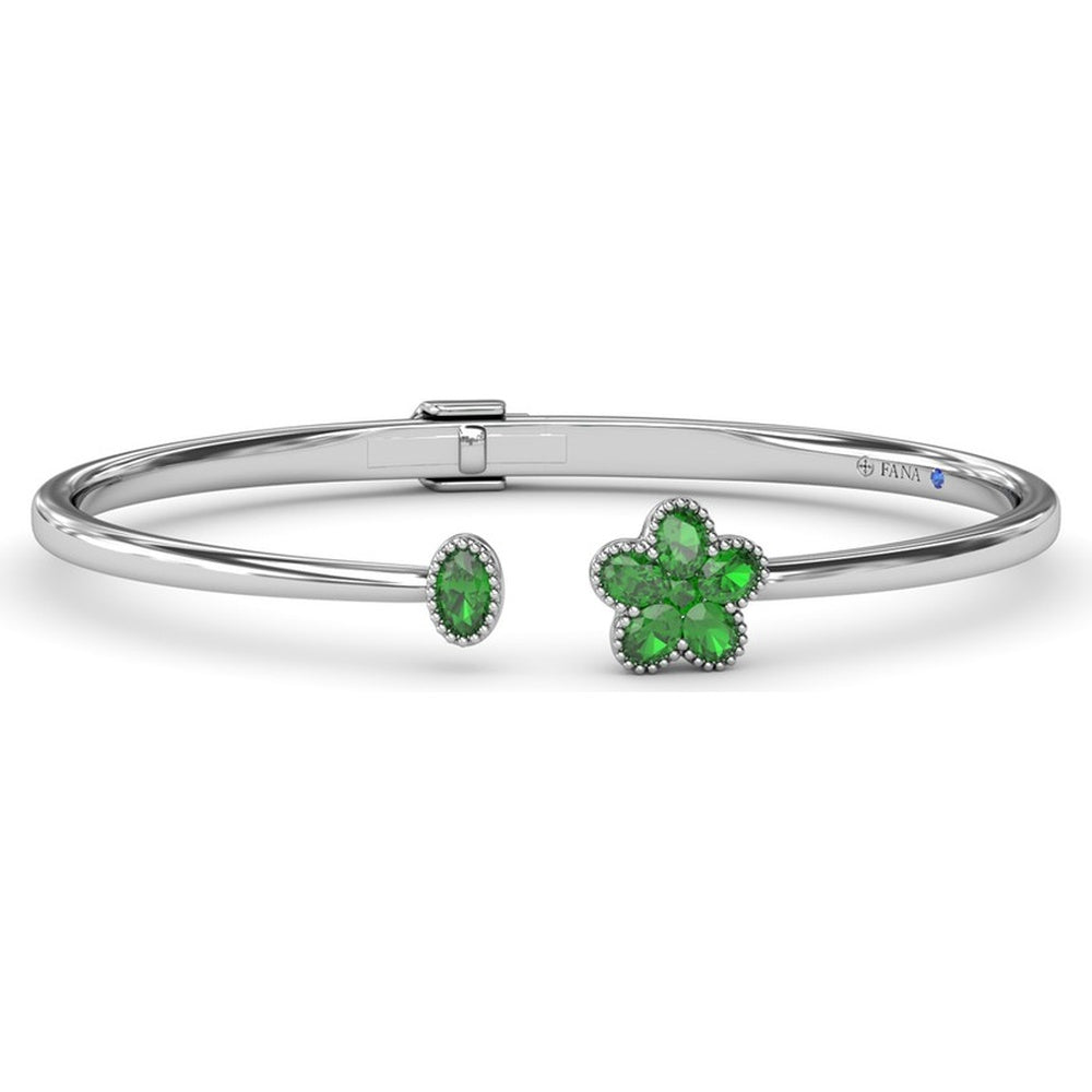 Floral Motif Hinged Bangle with Milgrain-Set Oval Emeralds by Fana - 1.23 Carat Total Emerald Weight