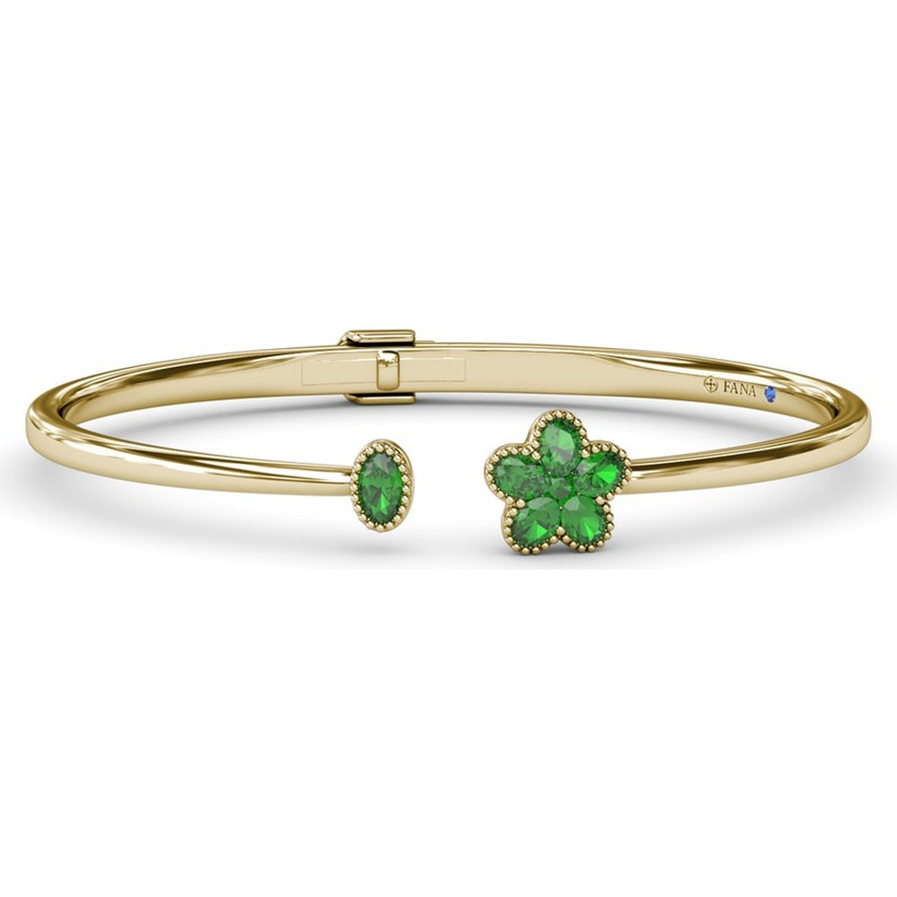 Floral Motif Hinged Bangle with Milgrain-Set Oval Emeralds by Fana - 1.23 Carat Total Emerald Weight