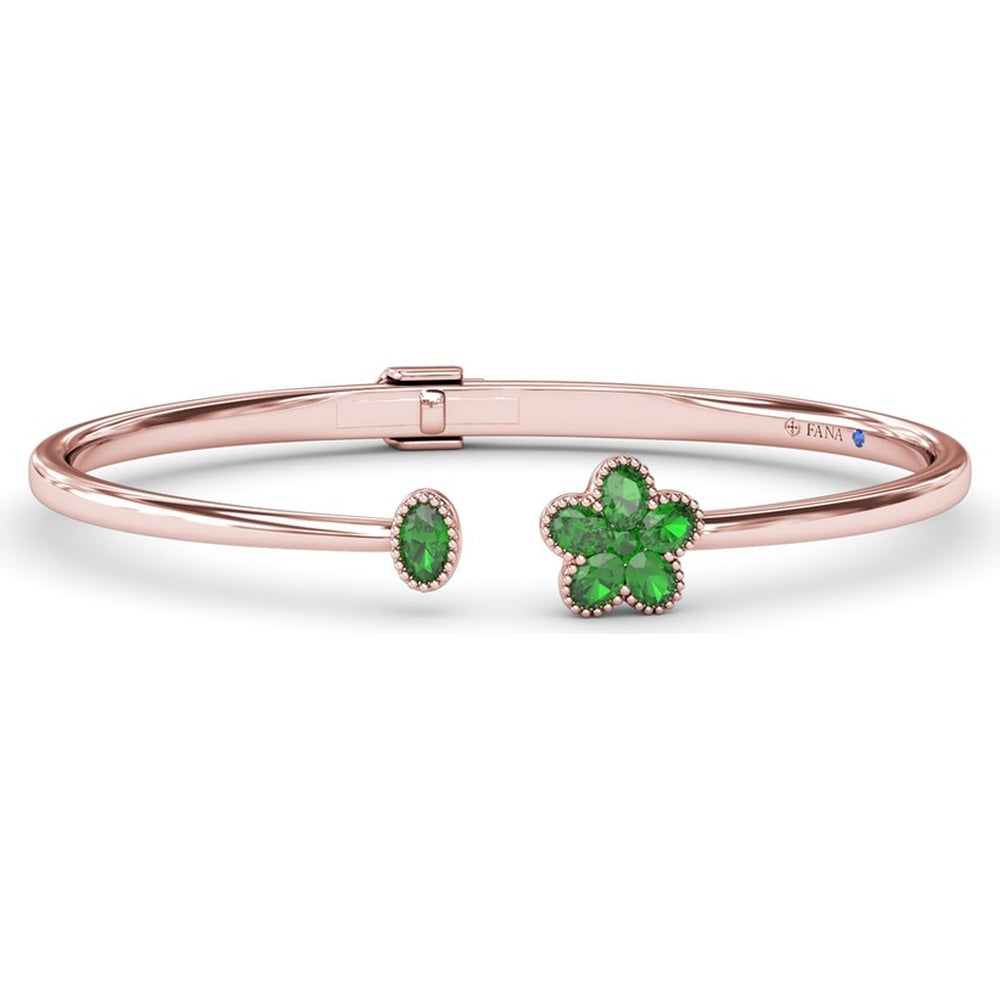 Floral Motif Hinged Bangle with Milgrain-Set Oval Emeralds by Fana - 1.23 Carat Total Emerald Weight