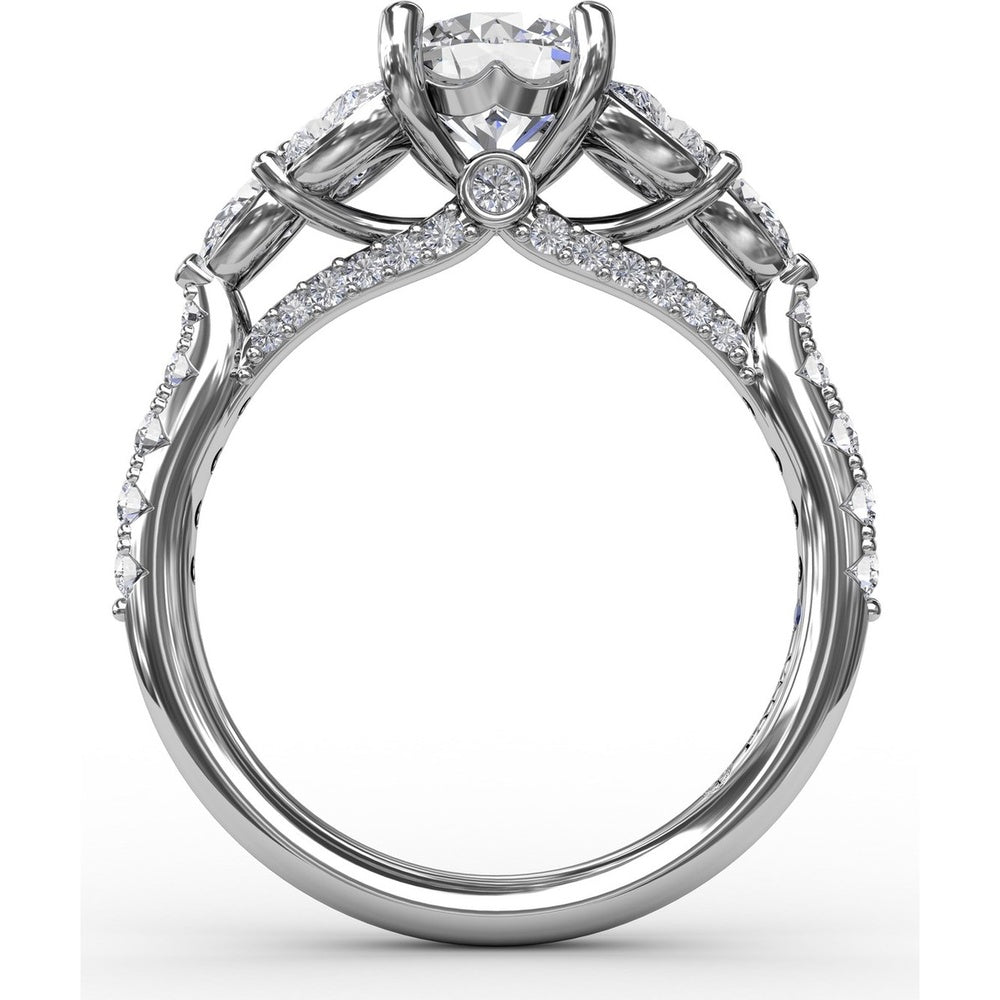 Floral Multi-Stone Engagement Ring Setting with Pear Diamond Leaves and Pavé Split Shank by Fana - 1.28 Carat Total Diamond Weight