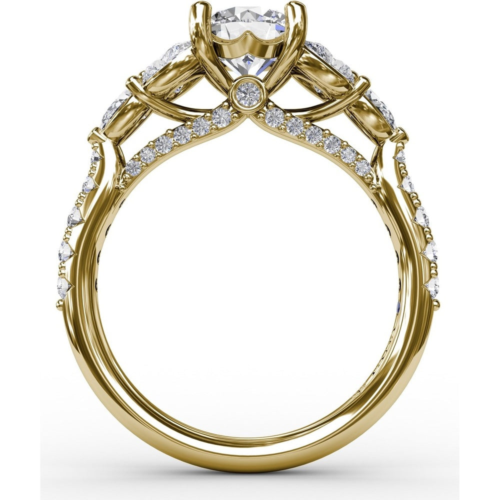 Floral Multi-Stone Engagement Ring Setting with Pear Diamond Leaves and Pavé Split Shank by Fana - 1.28 Carat Total Diamond Weight
