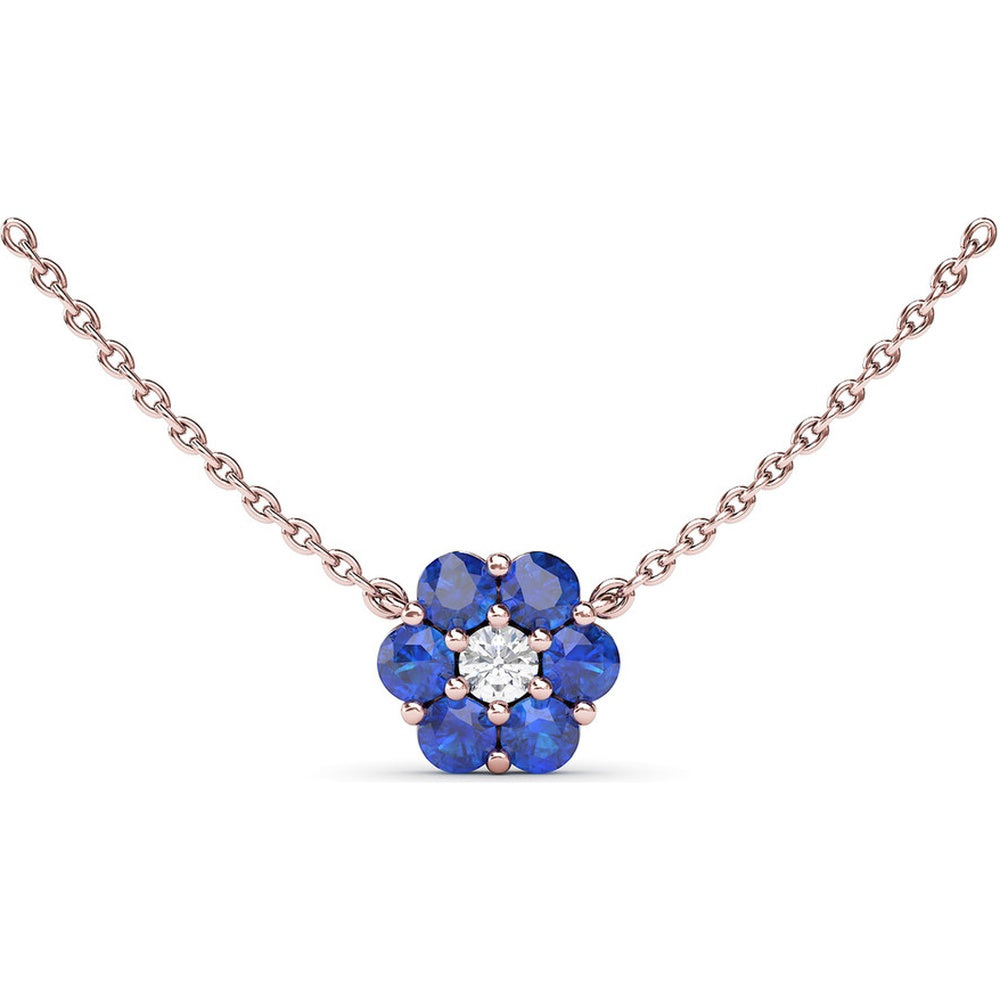 Floral Necklace with Prong-Set Round Diamond and Blue Sapphires by Fana - 1.32 Carat Total Gemstone Weight