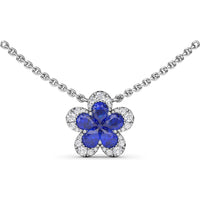 Floral Pendant Necklace with Pear-Shaped Sapphires and Graduated Diamond Halo by Fana - 1.29 Carat Total Gemstone Weight