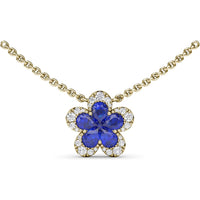 Floral Pendant Necklace with Pear-Shaped Sapphires and Graduated Diamond Halo by Fana - 1.29 Carat Total Gemstone Weight