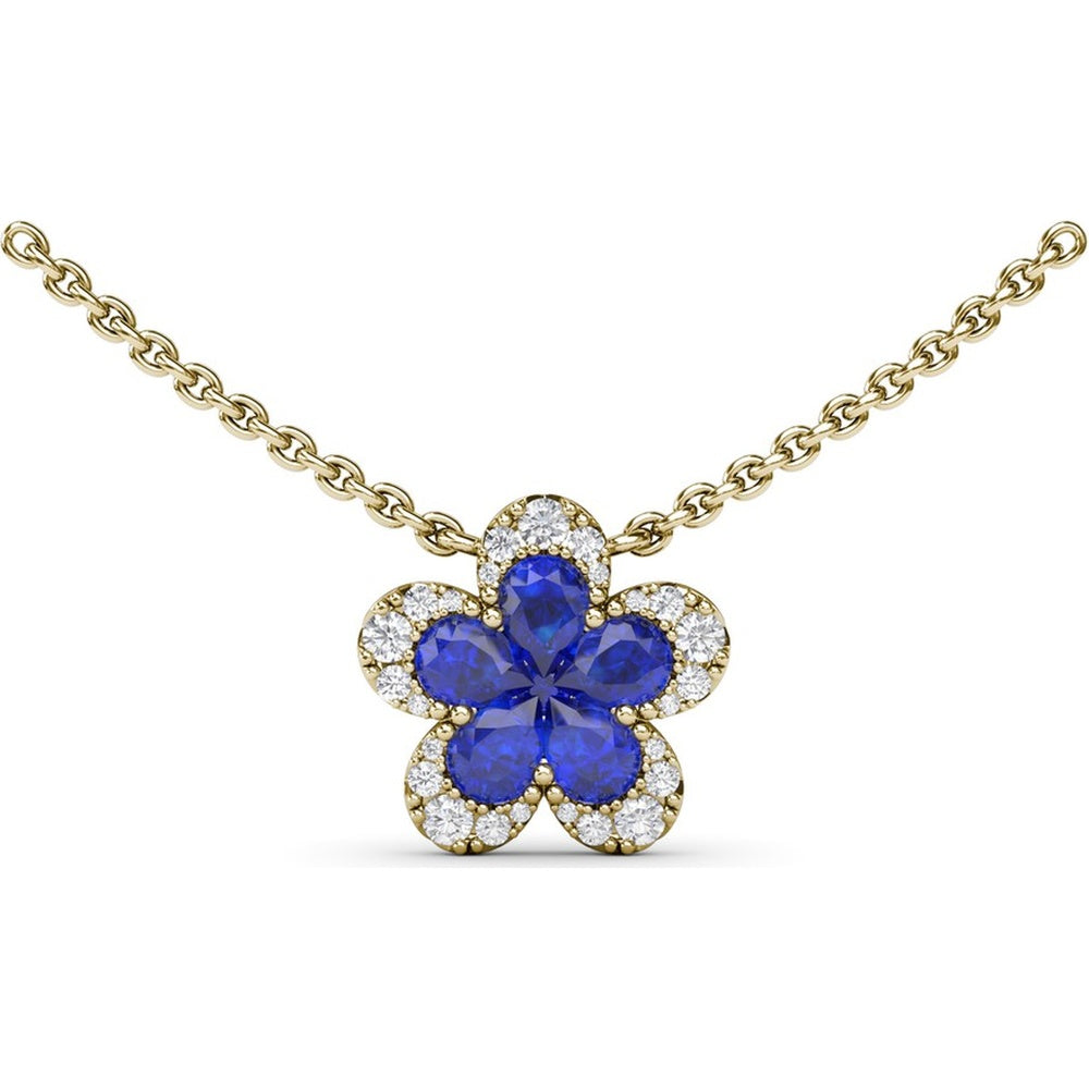Floral Pendant Necklace with Pear-Shaped Sapphires and Graduated Diamond Halo by Fana - 1.29 Carat Total Gemstone Weight