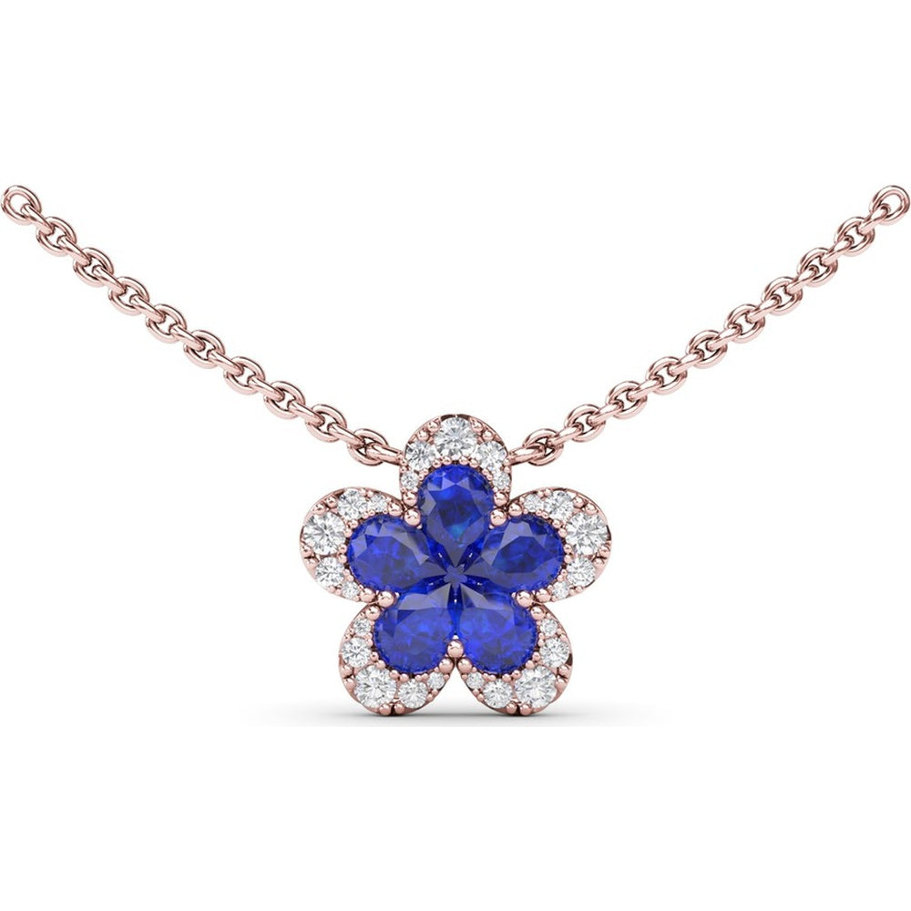 Floral Pendant Necklace with Pear-Shaped Sapphires and Graduated Diamond Halo by Fana - 1.29 Carat Total Gemstone Weight