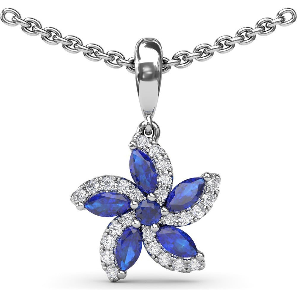 Floral Pendant with Marquise and Round Sapphires and Diamond Halo by Fana - 0.75 Carat Total Gemstone Weight