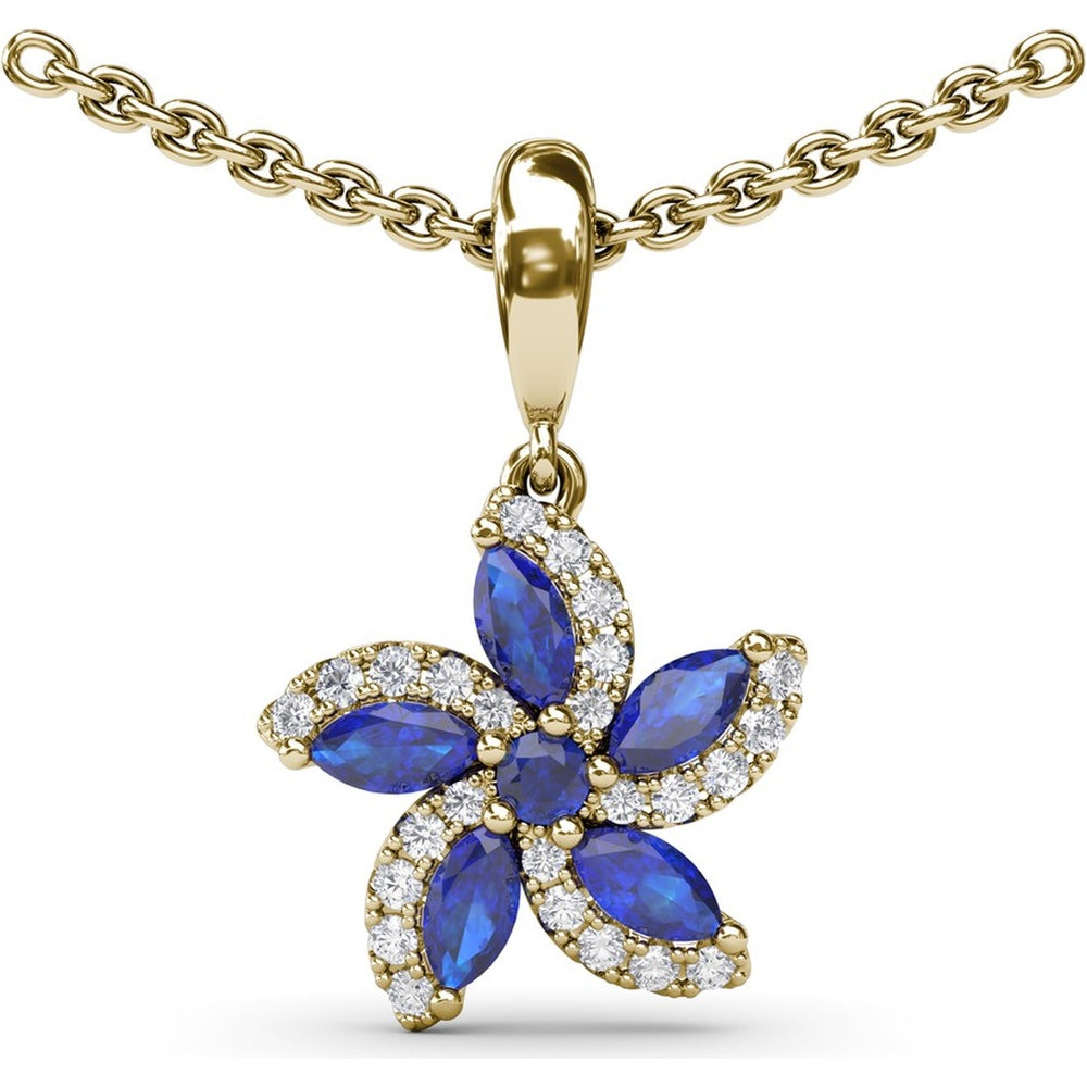 Floral Pendant with Marquise and Round Sapphires and Diamond Halo by Fana - 0.75 Carat Total Gemstone Weight