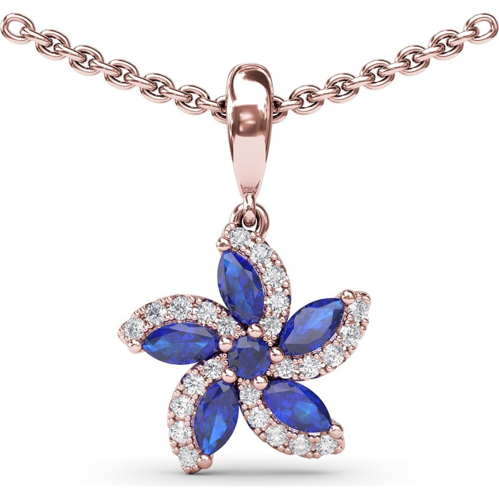 Floral Pendant with Marquise and Round Sapphires and Diamond Halo by Fana - 0.75 Carat Total Gemstone Weight