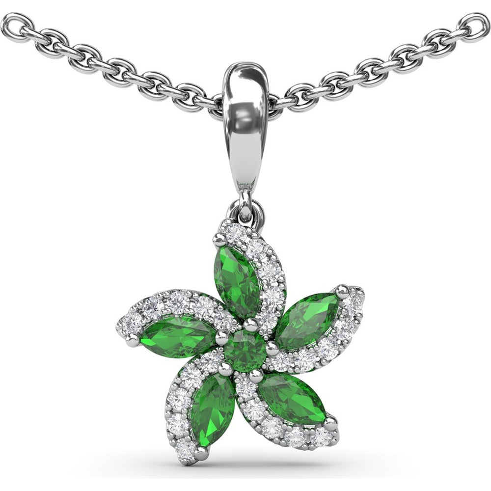 Floral Pendant with Round and Marquise Emeralds and Diamond Halo by Fana - 0.65 Carat Total Gemstone Weight