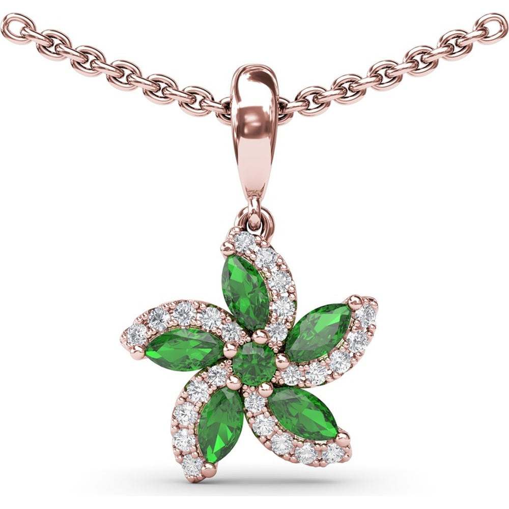 Floral Pendant with Round and Marquise Emeralds and Diamond Halo by Fana - 0.65 Carat Total Gemstone Weight