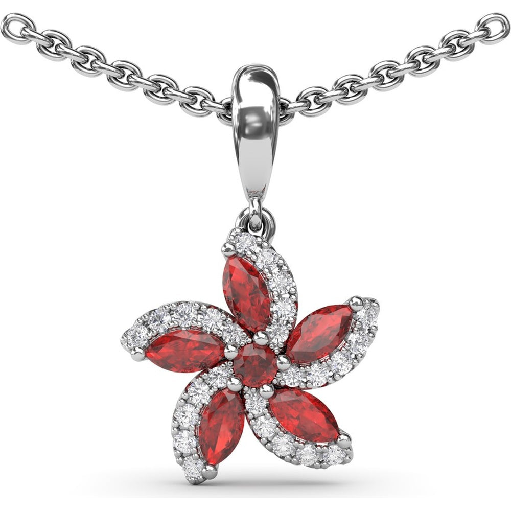 Floral Pendant with Round and Marquise Rubies and Diamond Halo by Fana - 0.80 Carat Total Gemstone Weight