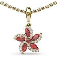 Floral Pendant with Round and Marquise Rubies and Diamond Halo by Fana - 0.80 Carat Total Gemstone Weight