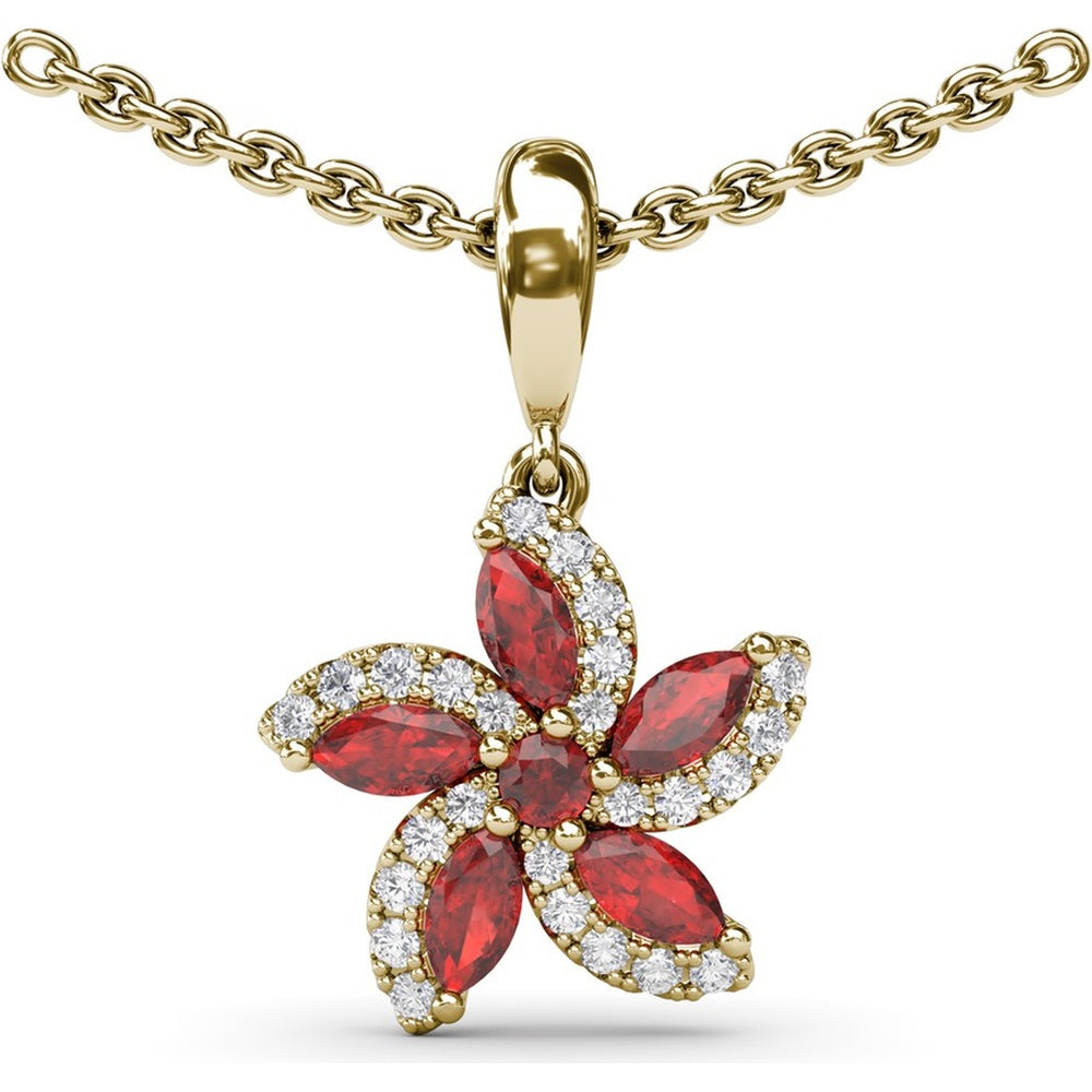 Floral Pendant with Round and Marquise Rubies and Diamond Halo by Fana - 0.80 Carat Total Gemstone Weight