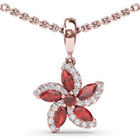 Floral Pendant with Round and Marquise Rubies and Diamond Halo by Fana - 0.80 Carat Total Gemstone Weight