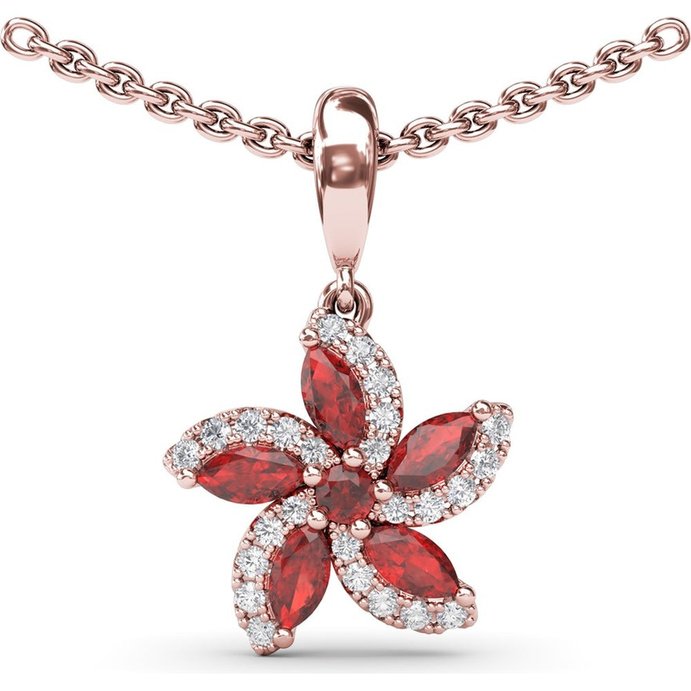 Floral Pendant with Round and Marquise Rubies and Diamond Halo by Fana - 0.80 Carat Total Gemstone Weight