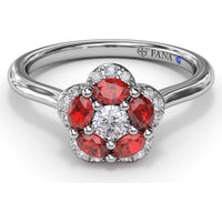 Floral Ring with 5-Petal Round Ruby Halo and Pavé Diamonds by Fana - 0.82 Carat Total Gemstone Weight