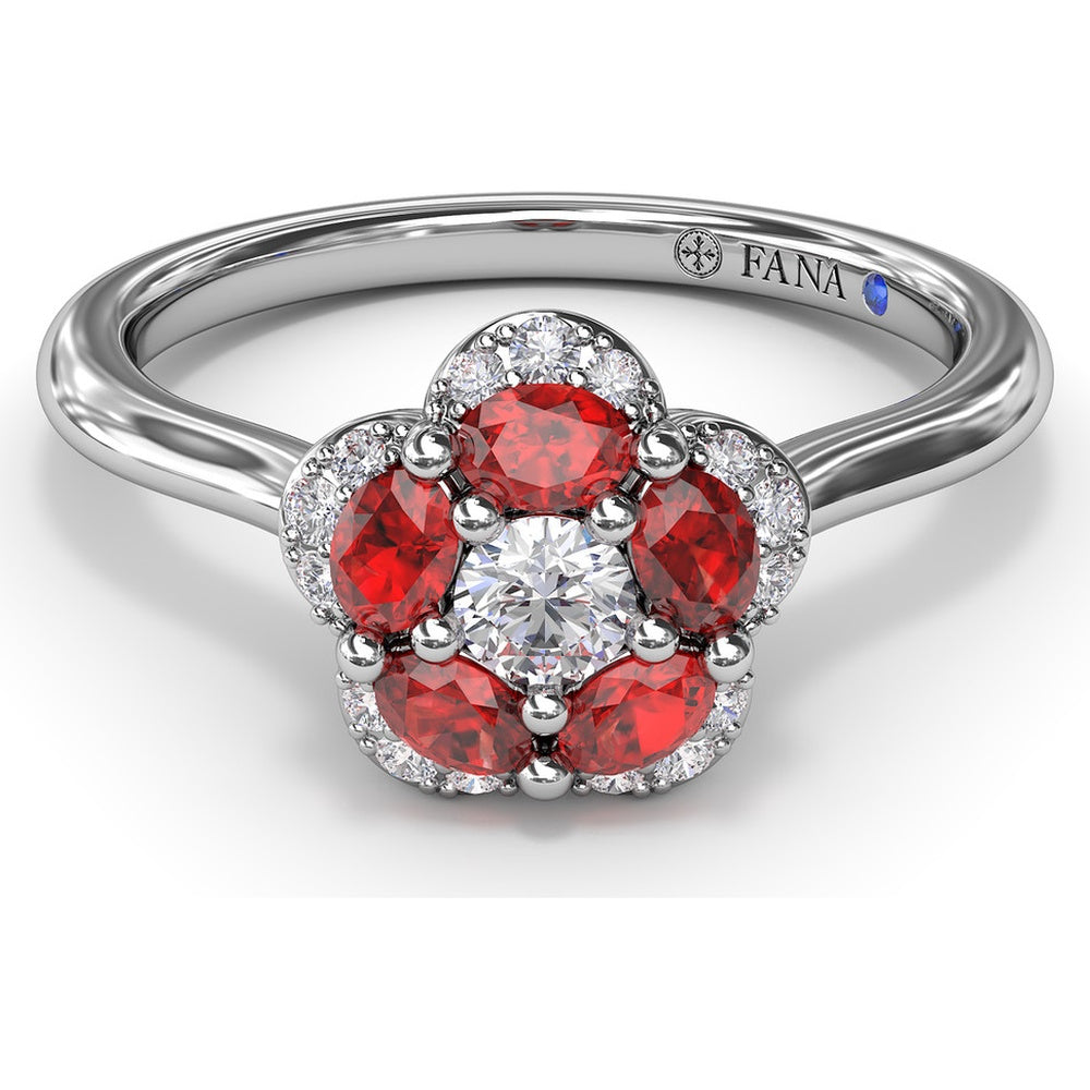 Floral Ring with 5-Petal Round Ruby Halo and Pavé Diamonds by Fana - 0.82 Carat Total Gemstone Weight