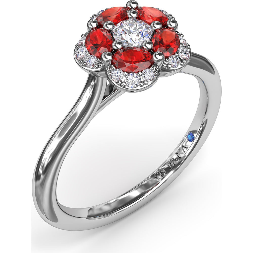 Floral Ring with 5-Petal Round Ruby Halo and Pavé Diamonds by Fana - 0.82 Carat Total Gemstone Weight
