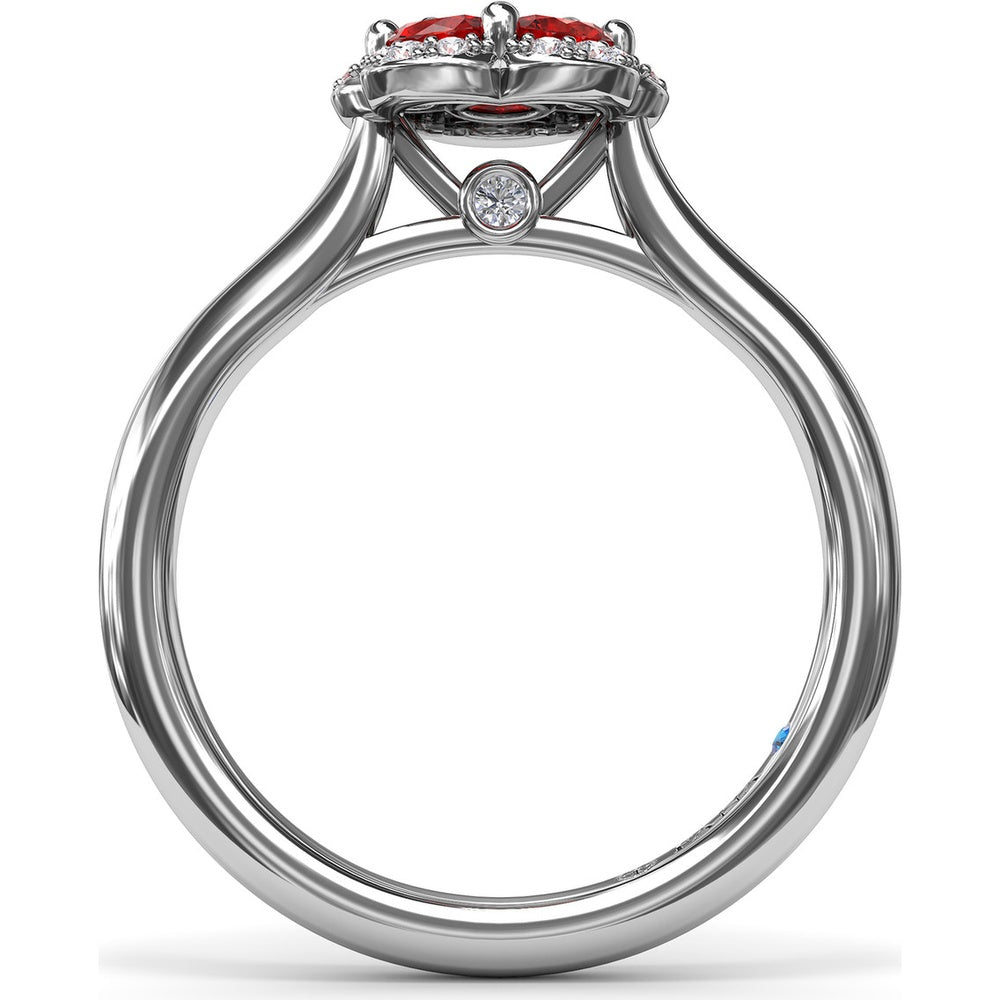 Floral Ring with 5-Petal Round Ruby Halo and Pavé Diamonds by Fana - 0.82 Carat Total Gemstone Weight