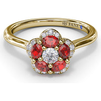 Floral Ring with 5-Petal Round Ruby Halo and Pavé Diamonds by Fana - 0.82 Carat Total Gemstone Weight