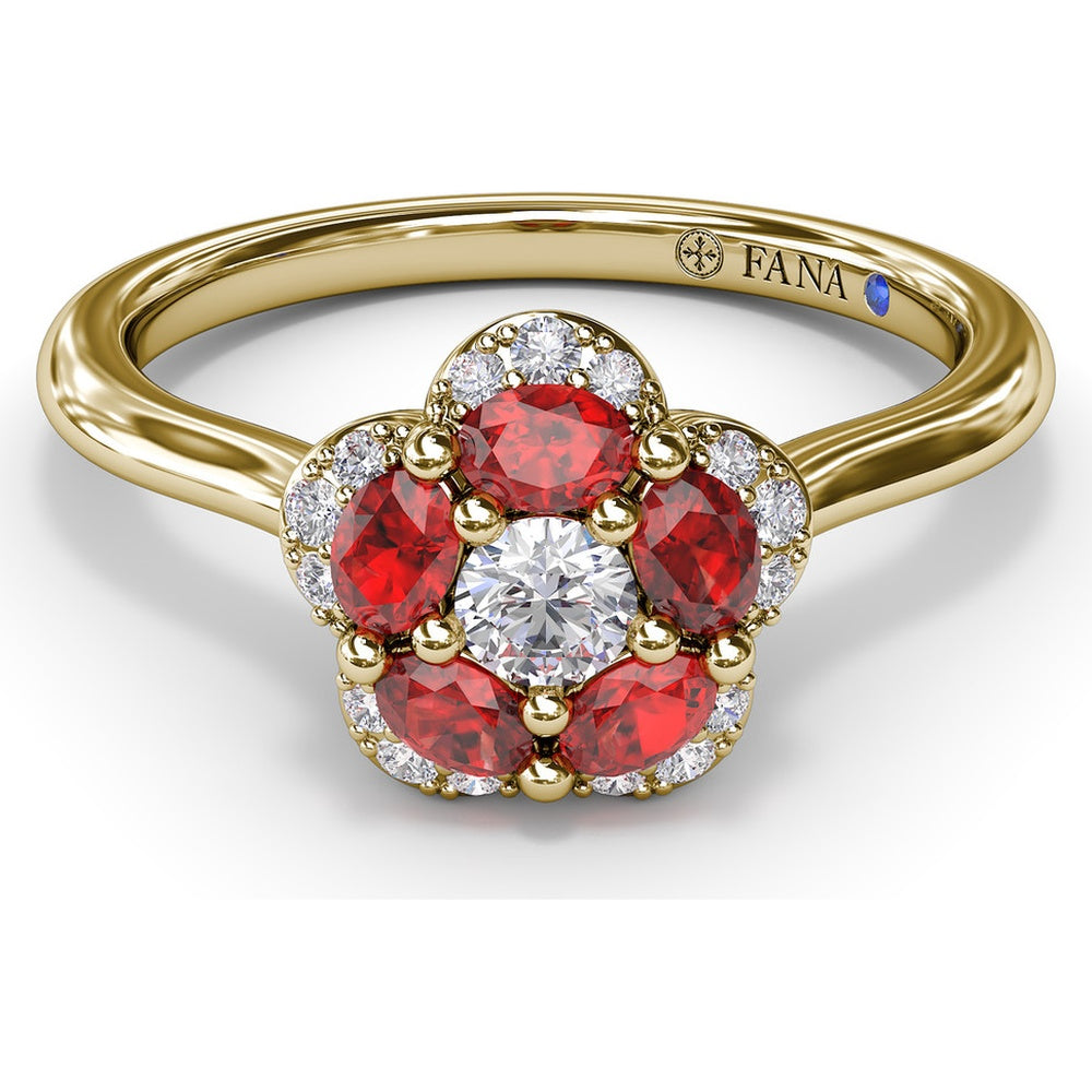 Floral Ring with 5-Petal Round Ruby Halo and Pavé Diamonds by Fana - 0.82 Carat Total Gemstone Weight