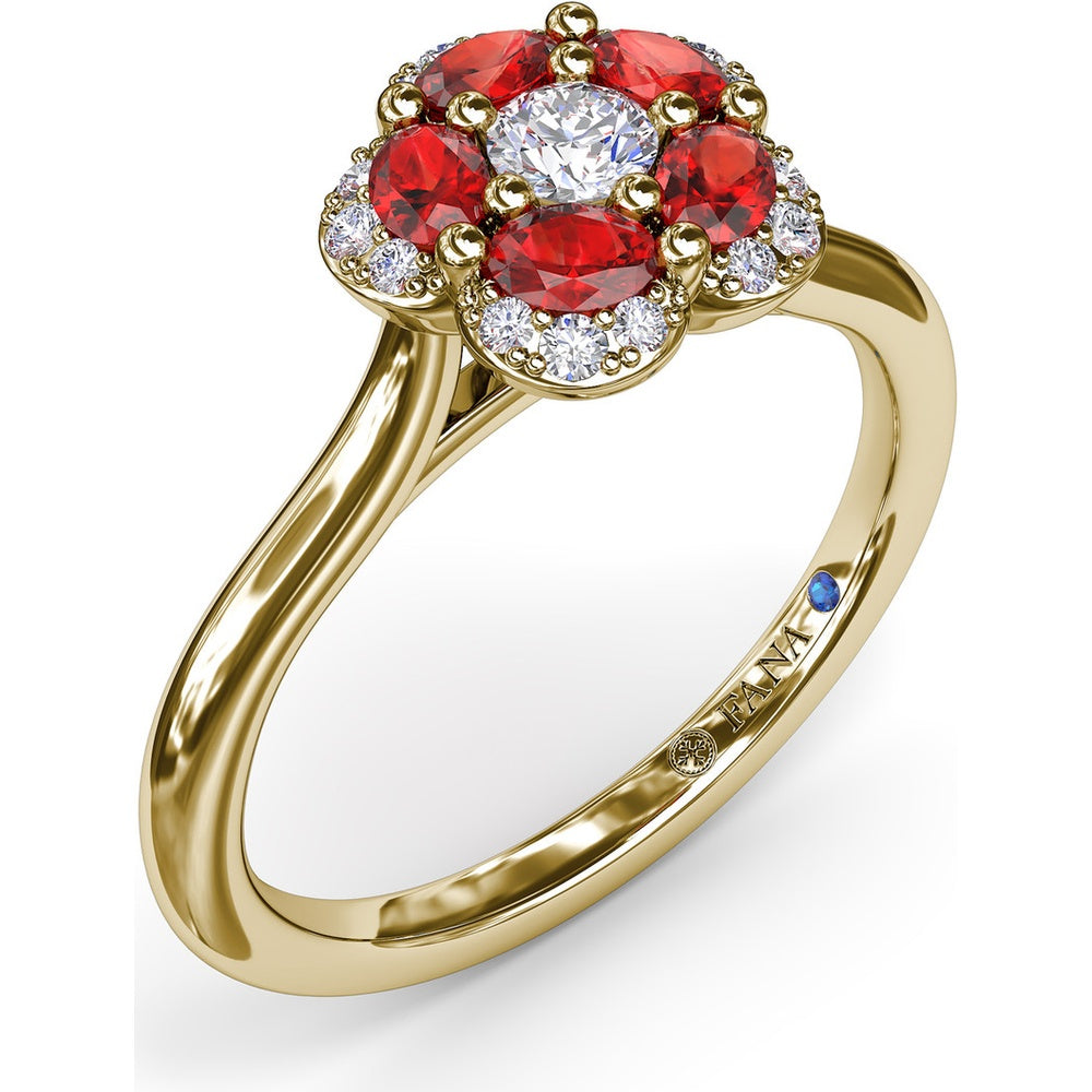 Floral Ring with 5-Petal Round Ruby Halo and Pavé Diamonds by Fana - 0.82 Carat Total Gemstone Weight