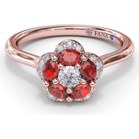 Floral Ring with 5-Petal Round Ruby Halo and Pavé Diamonds by Fana - 0.82 Carat Total Gemstone Weight