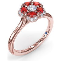 Floral Ring with 5-Petal Round Ruby Halo and Pavé Diamonds by Fana - 0.82 Carat Total Gemstone Weight