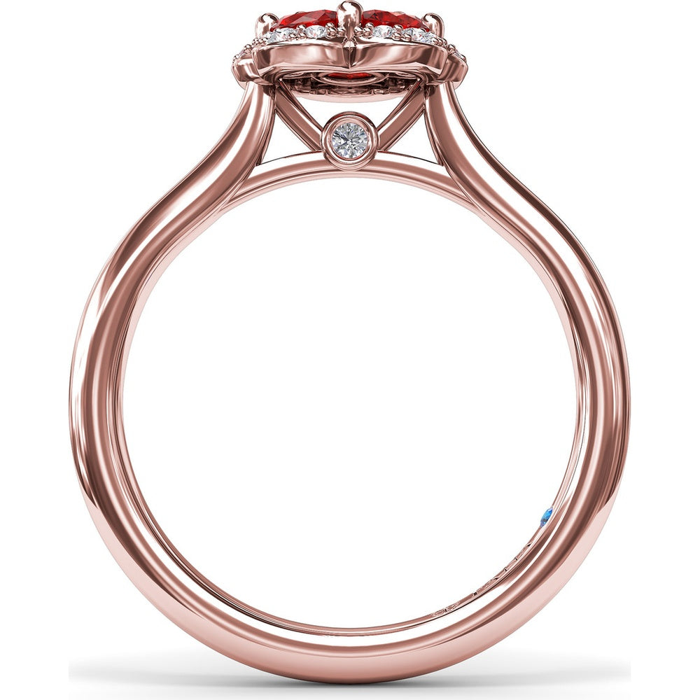 Floral Ring with 5-Petal Round Ruby Halo and Pavé Diamonds by Fana - 0.82 Carat Total Gemstone Weight