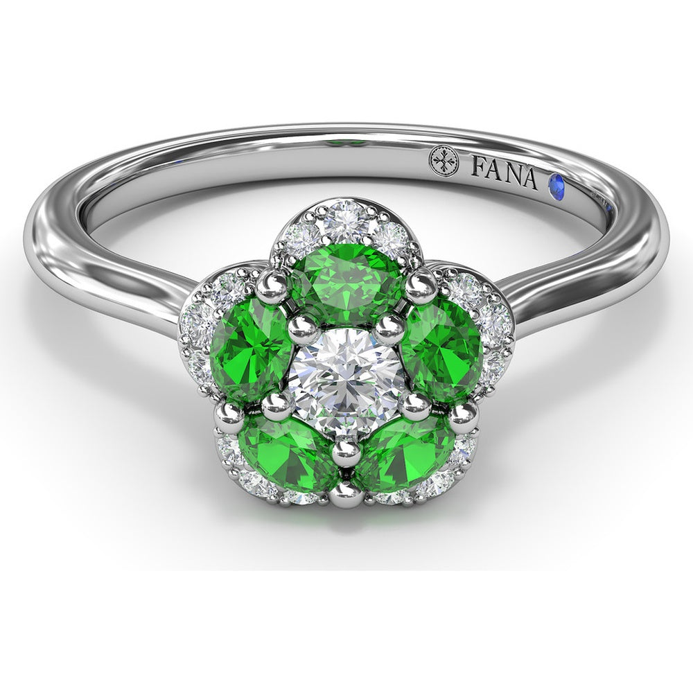 Floral Ring with Pavé Diamond Halo and Emerald Petals by Fana - 0.72 Carat Total Gemstone Weight