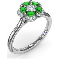 Floral Ring with Pavé Diamond Halo and Emerald Petals by Fana - 0.72 Carat Total Gemstone Weight
