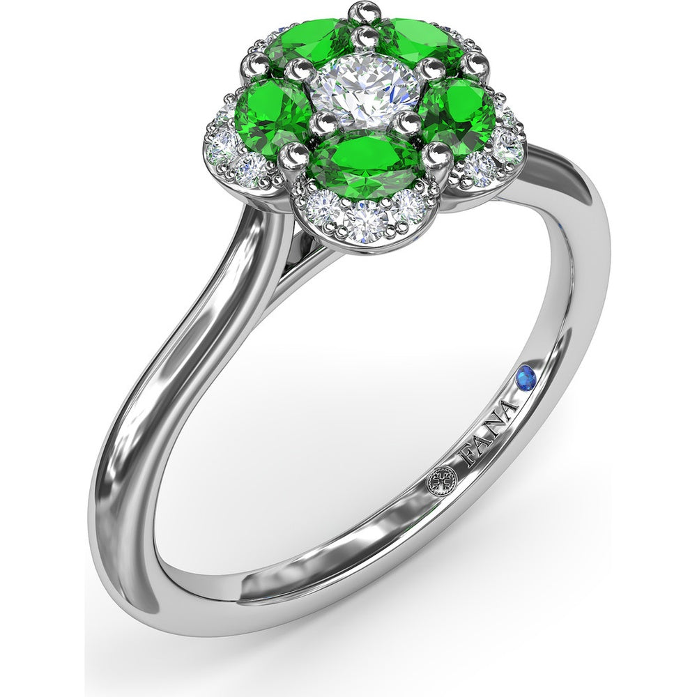 Floral Ring with Pavé Diamond Halo and Emerald Petals by Fana - 0.72 Carat Total Gemstone Weight