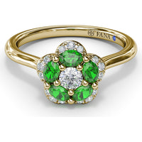 Floral Ring with Pavé Diamond Halo and Emerald Petals by Fana - 0.72 Carat Total Gemstone Weight