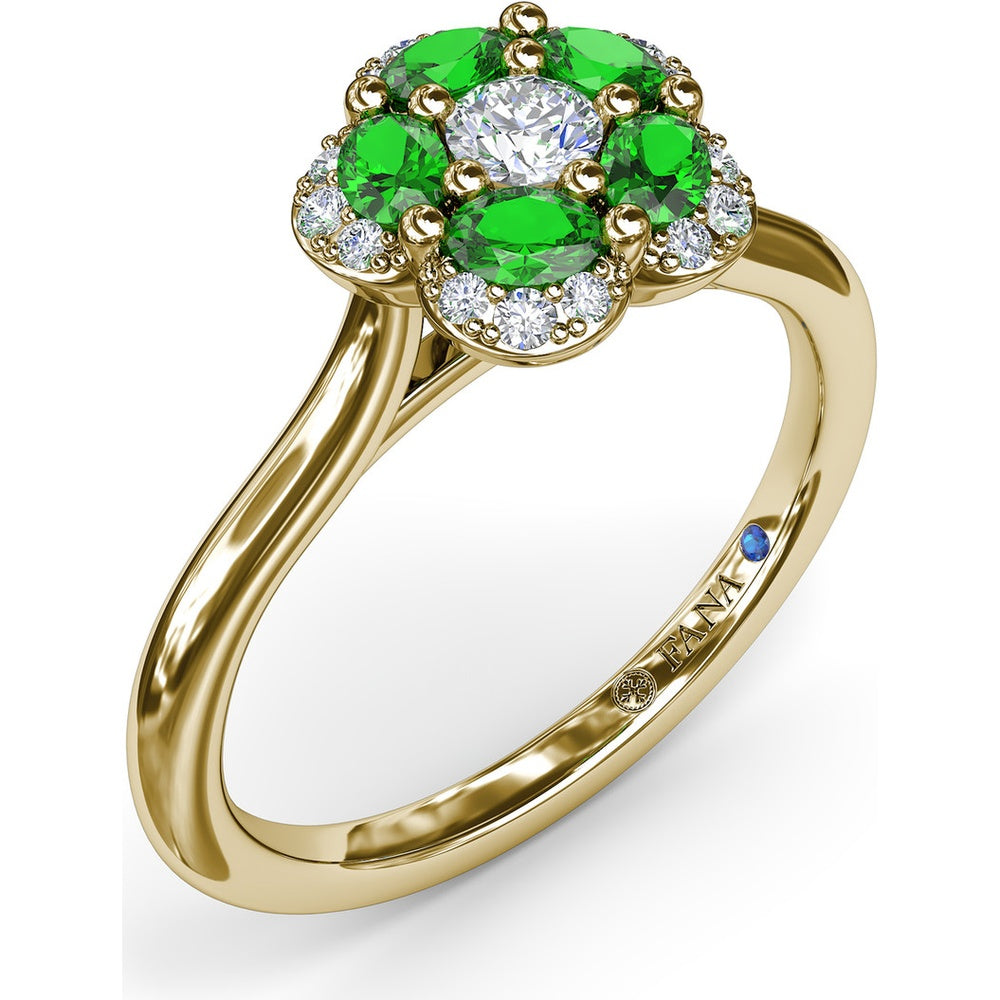Floral Ring with Pavé Diamond Halo and Emerald Petals by Fana - 0.72 Carat Total Gemstone Weight