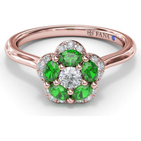 Floral Ring with Pavé Diamond Halo and Emerald Petals by Fana - 0.72 Carat Total Gemstone Weight