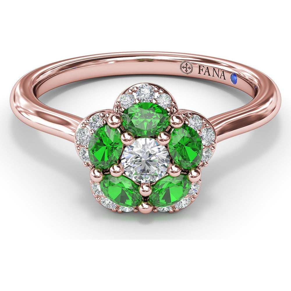 Floral Ring with Pavé Diamond Halo and Emerald Petals by Fana - 0.72 Carat Total Gemstone Weight