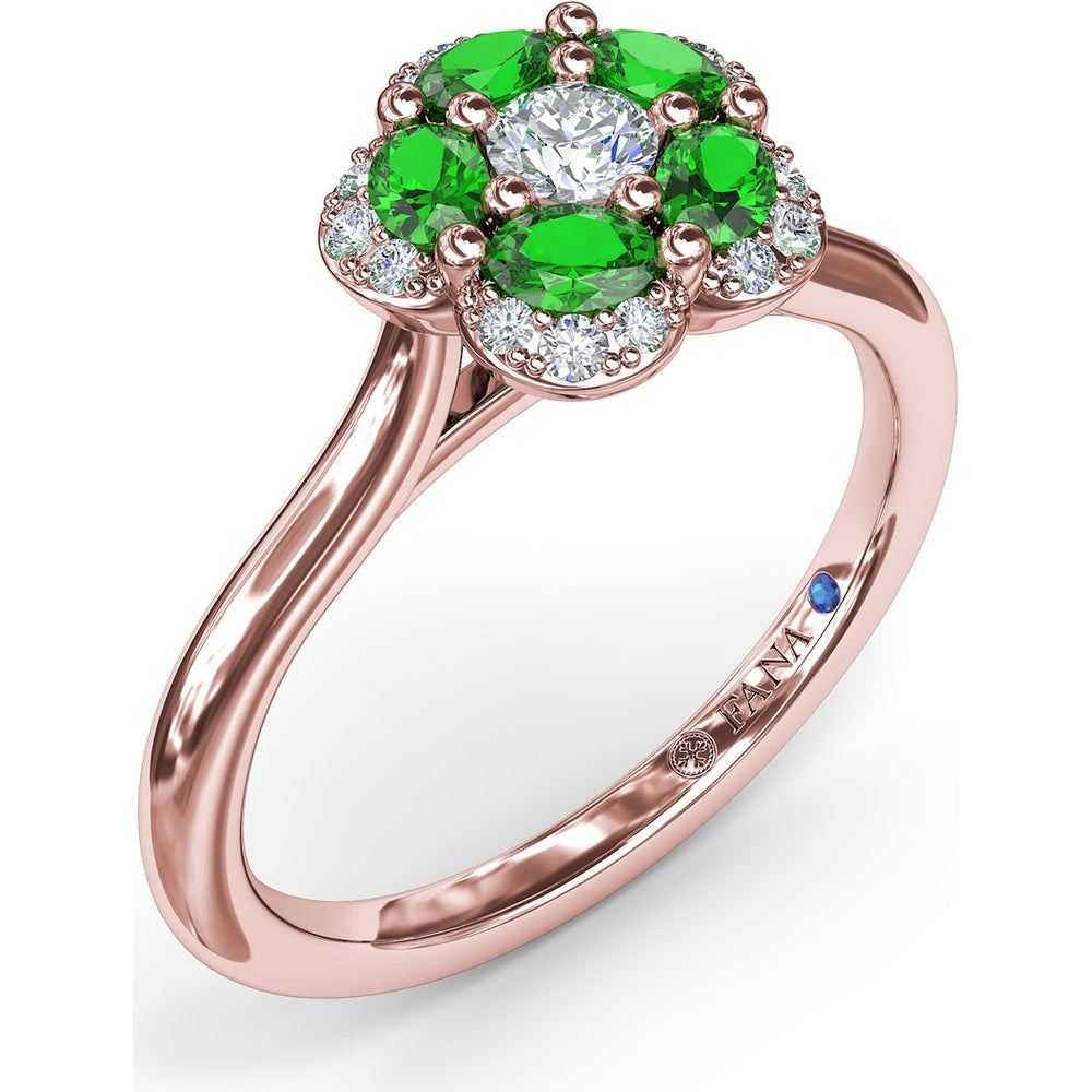 Floral Ring with Pavé Diamond Halo and Emerald Petals by Fana - 0.72 Carat Total Gemstone Weight