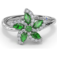 Floral Ring with Round and Marquise Emeralds and Diamond Halos by Fana - 0.69 Carat Total Emerald Weight